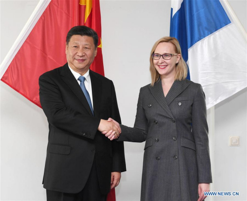 Chinese President Xi Jinping (L) meets with Speaker of the Finnish Parliament Maria Lohela in Helsinki, Finland, April 5, 2017. (Xinhua/Rao Aimin)