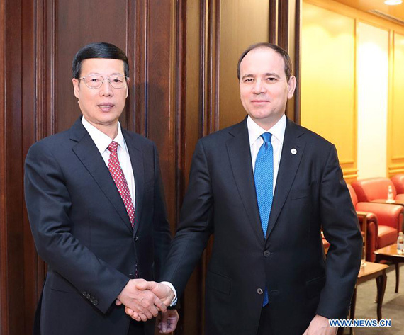 Chinese Vice Premier Zhang Gaoli (L) meets with Albanian President Bujar Nishani in Tirana, Albania, April 17, 2017. (Xinhua/Pang Xinglei)