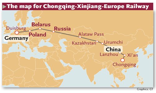 The map for Chongqing-Xinjiang-Europe Railway